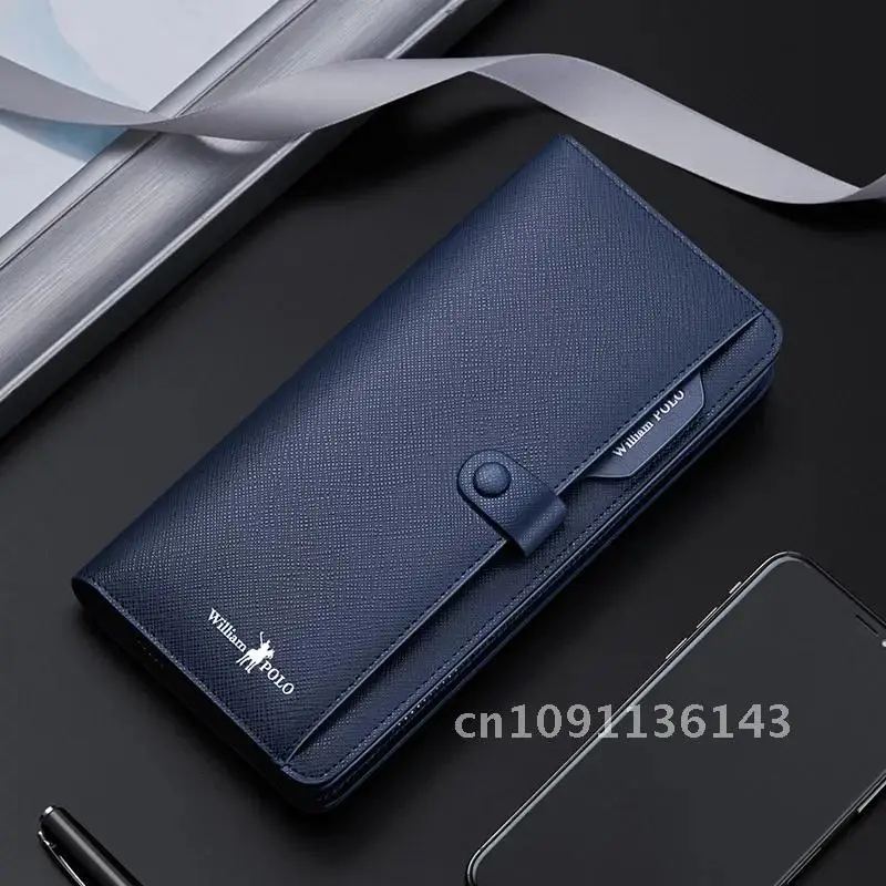 WILLIAMPOLO Genuine Leather Men's Wallet RFID Blocking Long Purse Coin Holder For Men Clutch Bag Credit Cover Passport Card Case