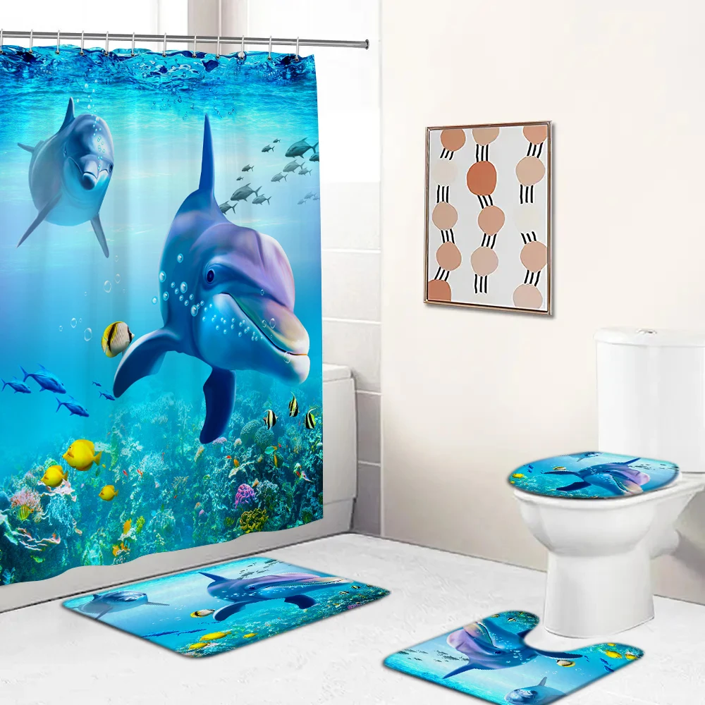 

Ocean Creature Fish Dolphin Printed Shower Curtain Set with Rugs Waterproof Bathroom Curtain Anti-slip Toilet Carpet Home Decor
