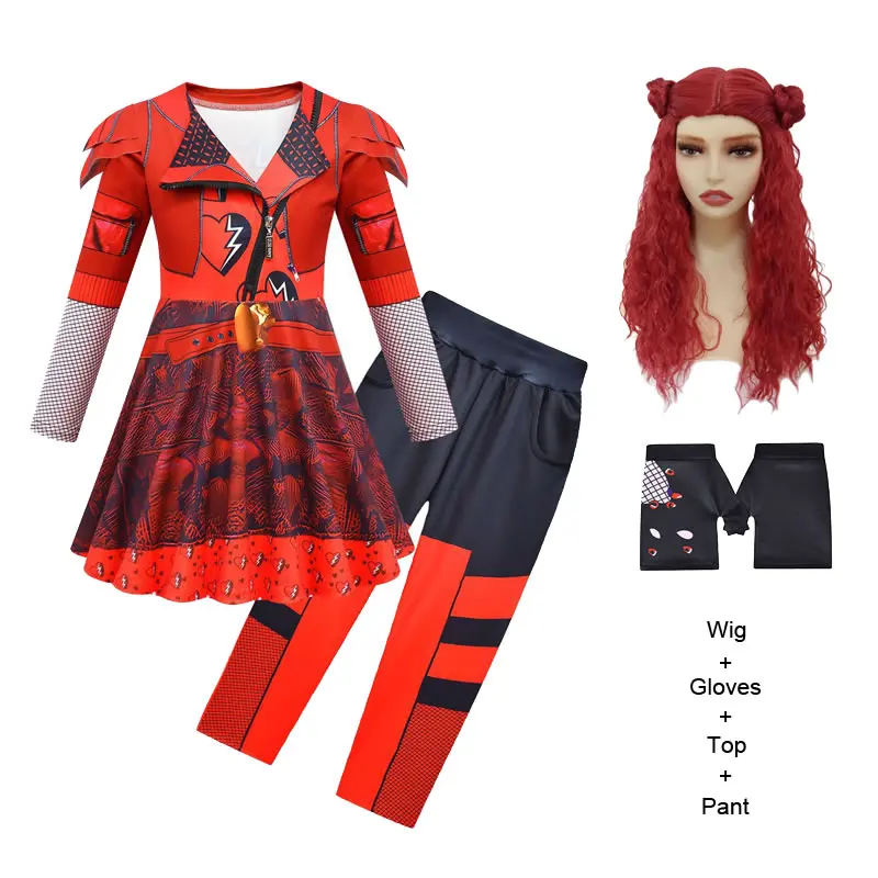 Halloween Descendants 4 Costume For Teenager Girl Set The Rise of Red Child Dress+Pant+Wig+Gloves 4PC Outfit Cloth Kid Tracksuit