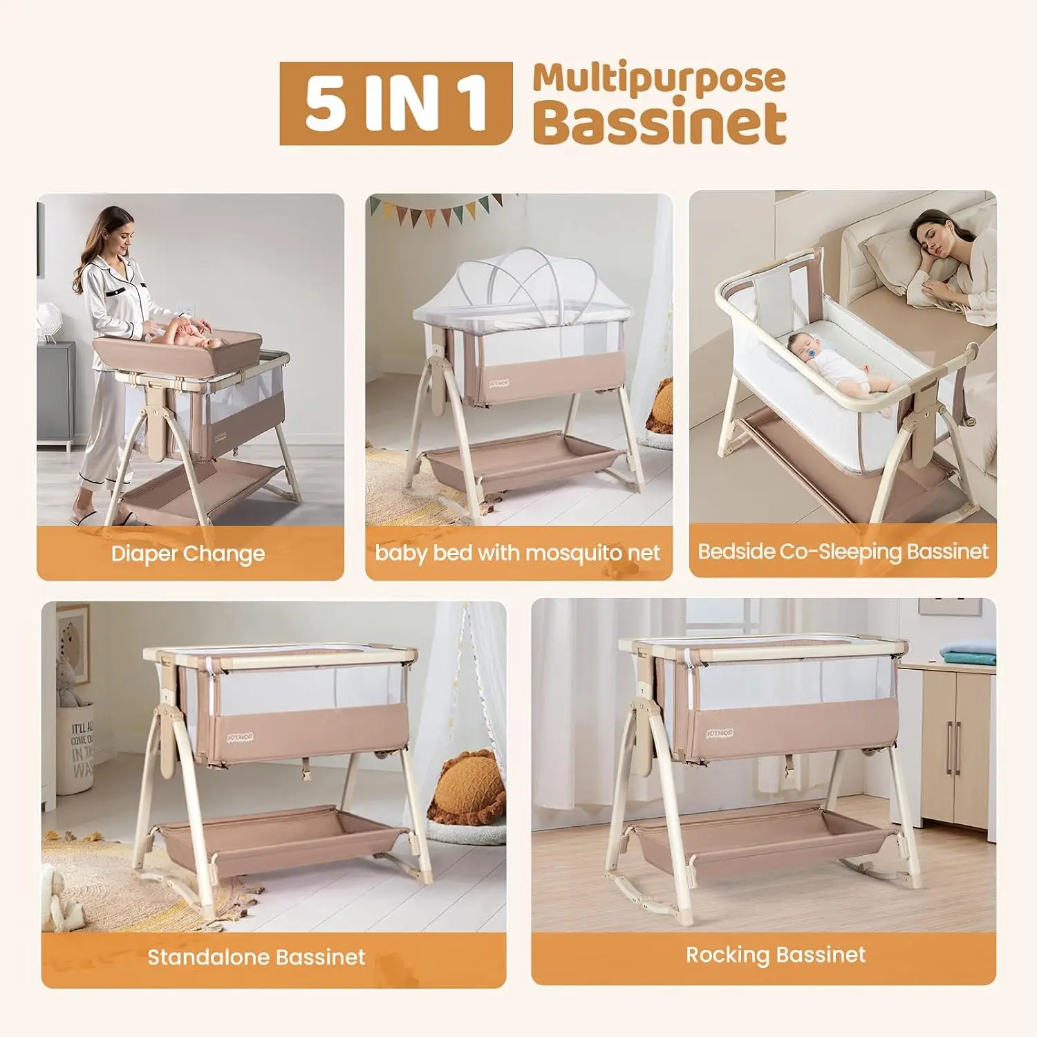 Baby Bassinet, 5 in 1 Bassinet Bedside Sleeper with Changing Table for Baby, 7 Height Adjustable, Rocking Bed with Wheels Mattre