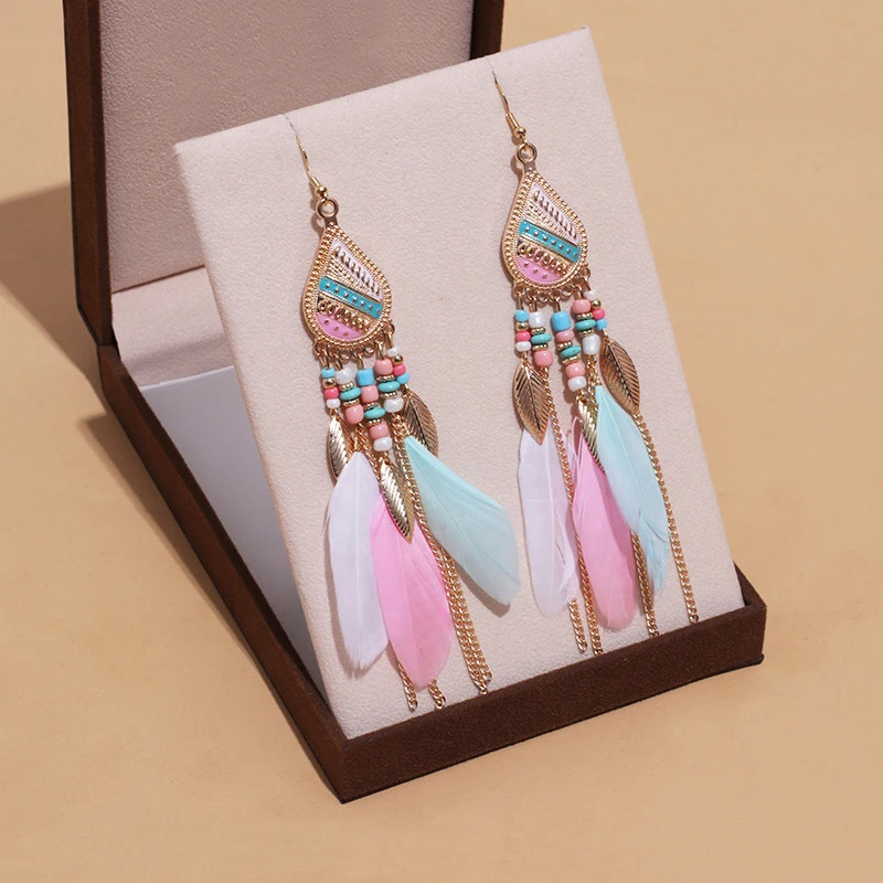 Ethnic Bohemian Long Tassel Chain Feather Earrings For Women Enamel Gold Color Geometric Drop Dangle Earrings Female Jewelry