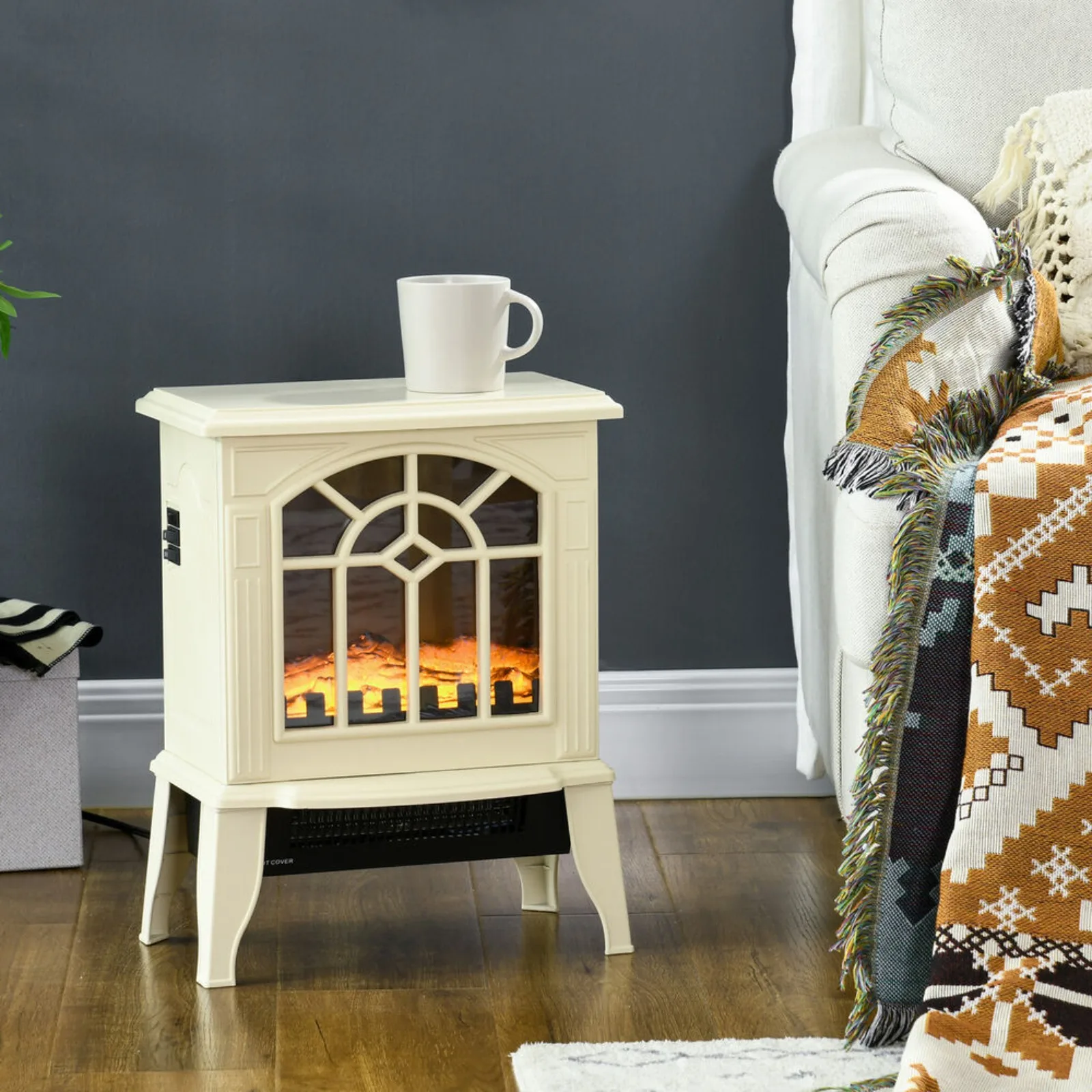 US Modern Portable Electric Fireplace Stove Heater with Realistic Flame, Cream