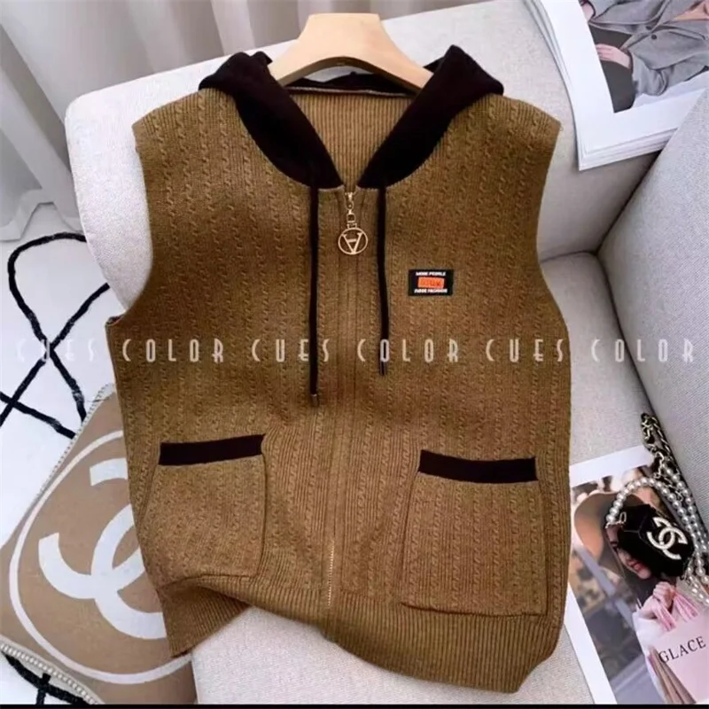 春秋新作 2025 ニットカーディガンベストジャケット レディースファッション ポケット付き ノースリーブ カラーマッチングベスト フード付きベストトップ