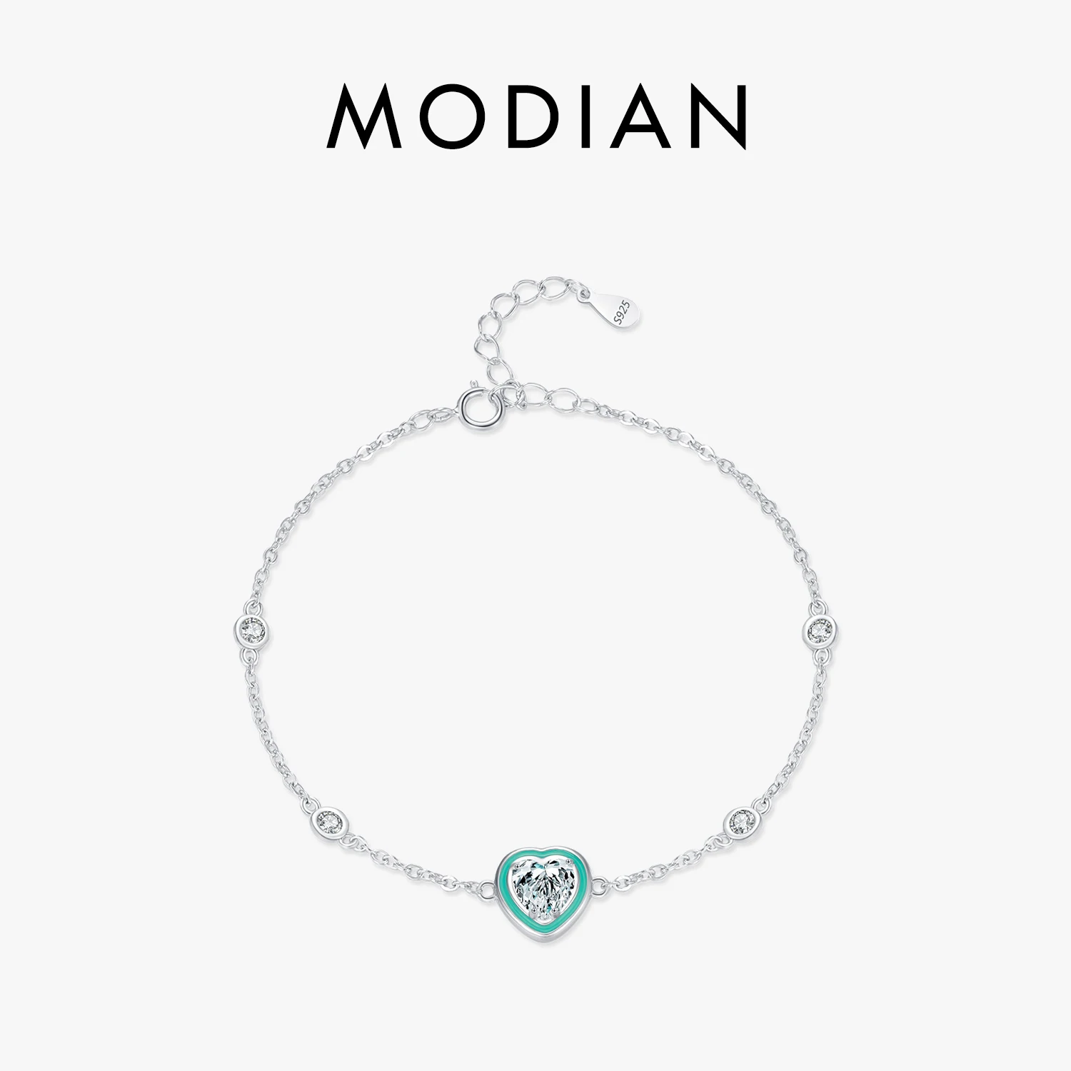 

MODIAN 925 Sterling Silver Romantic Hearts CZ Green Enamel Bracelet Lobster Clasp Link Chain For Women Trendy Fine Jewelry Gifts