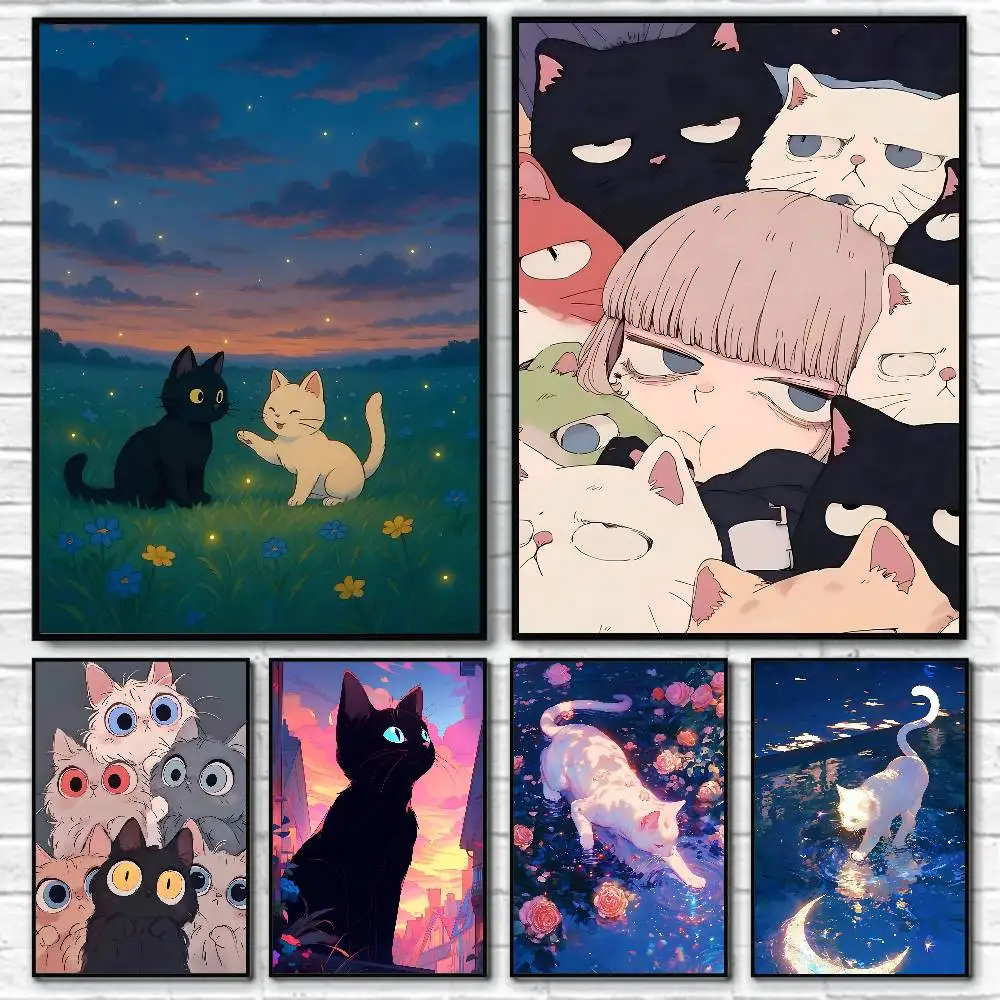 Cartoon-Anime-Katzen-Natur-Poster, HD-Druck, Vintage-Wandkunst, Dekoration für Zuhause, Arbeitszimmer