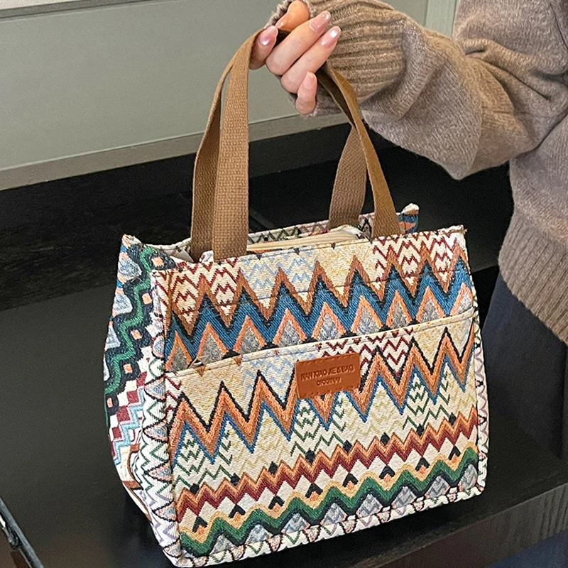 Bohemian Ethno-Stil Geometrischer Druck Canvas-Tragetasche, Bunte Zickzack-Muster Handtasche für Damen, Große Kapazität Pendler-Schultertasche – Detail 3
