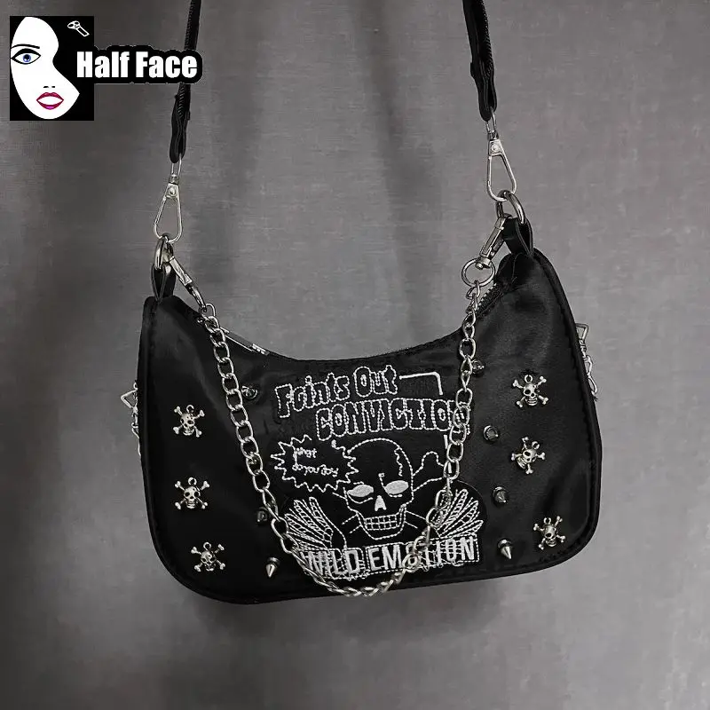 Y2K Spicy Girls Harajuku Gothic Underarm Handbag Rock Rivet Design Skull Lolita One Shoulder Punk Women’s Crossbody Bags Tote