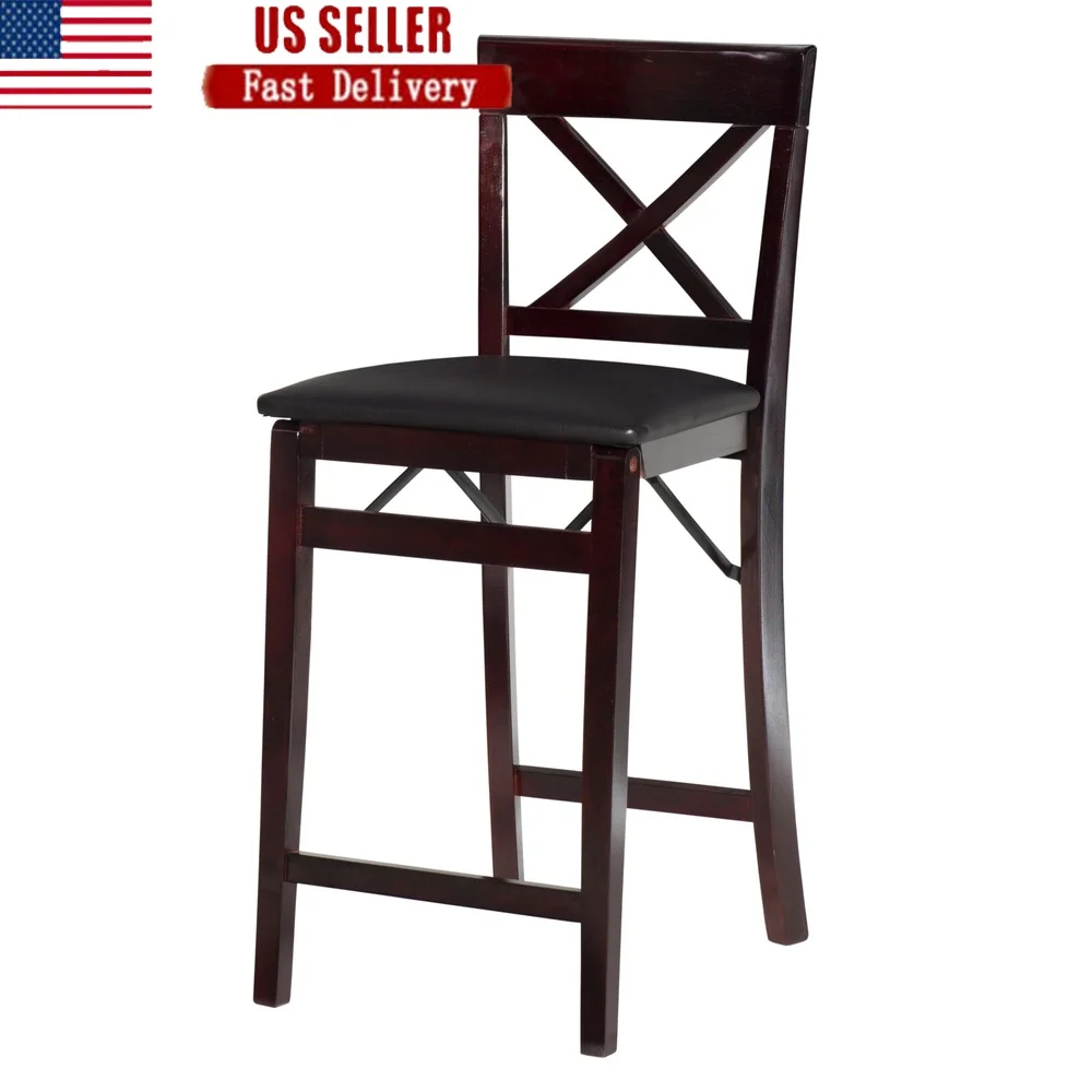 

Elegant X-Back Folding Counter Stool Brown Faux Leather Seat Merlot Wood Kitchen Dining Pub Furniture 300lbs Capacity