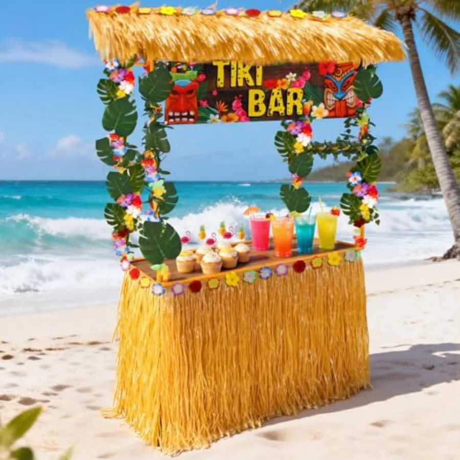 

96 PCS Tiki Bar Hut Kit Portable Tiki Hut and Luau Party Decoration Including Table Skirt Banner Hawaiian Garland Artificial Le