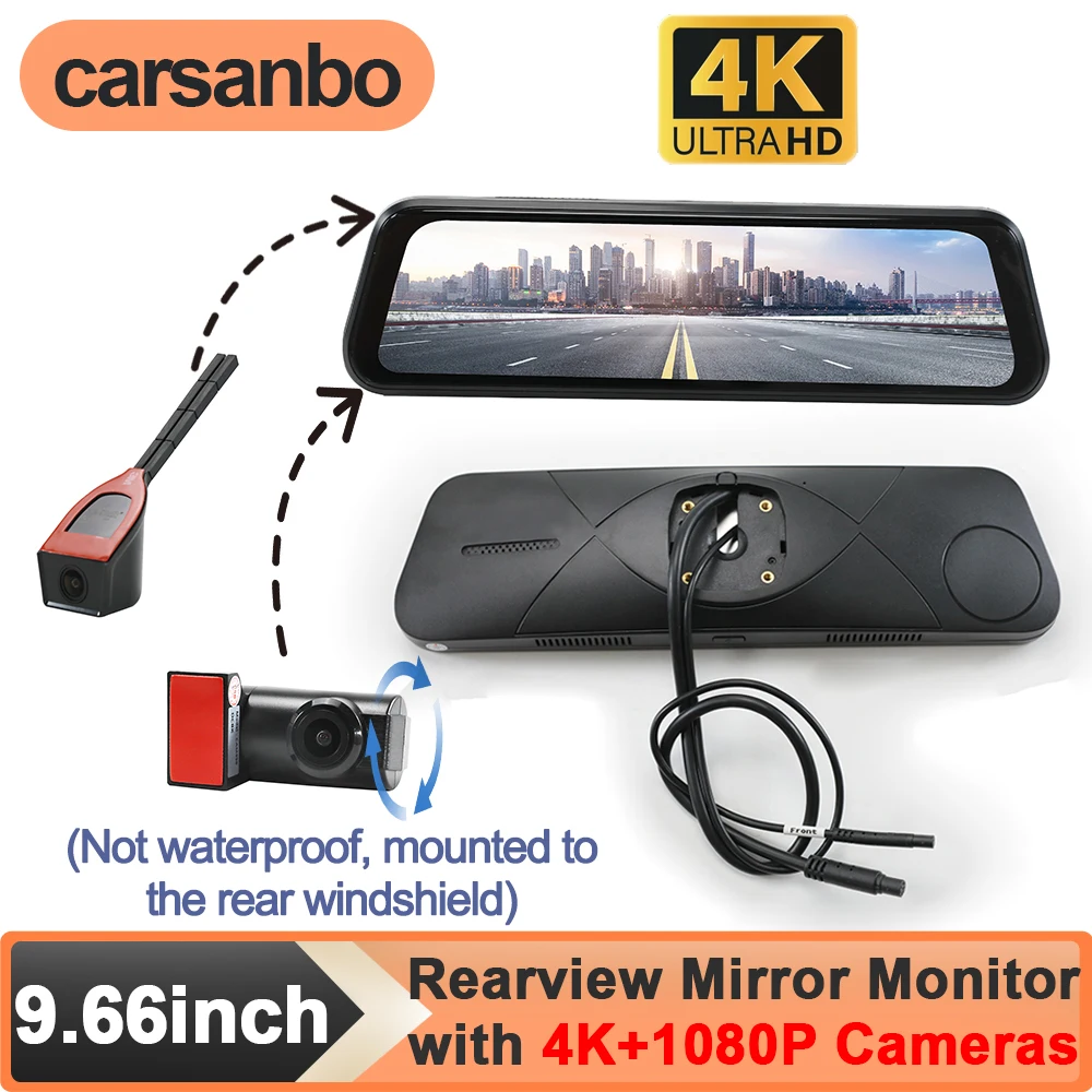 Carsanbo 9,66 Zoll Vollbild-Monitor Auto-Rückspiegel mit 4K Frontkamera 1080P Nicht Wasserdichte Innen-Rückfahrkamera