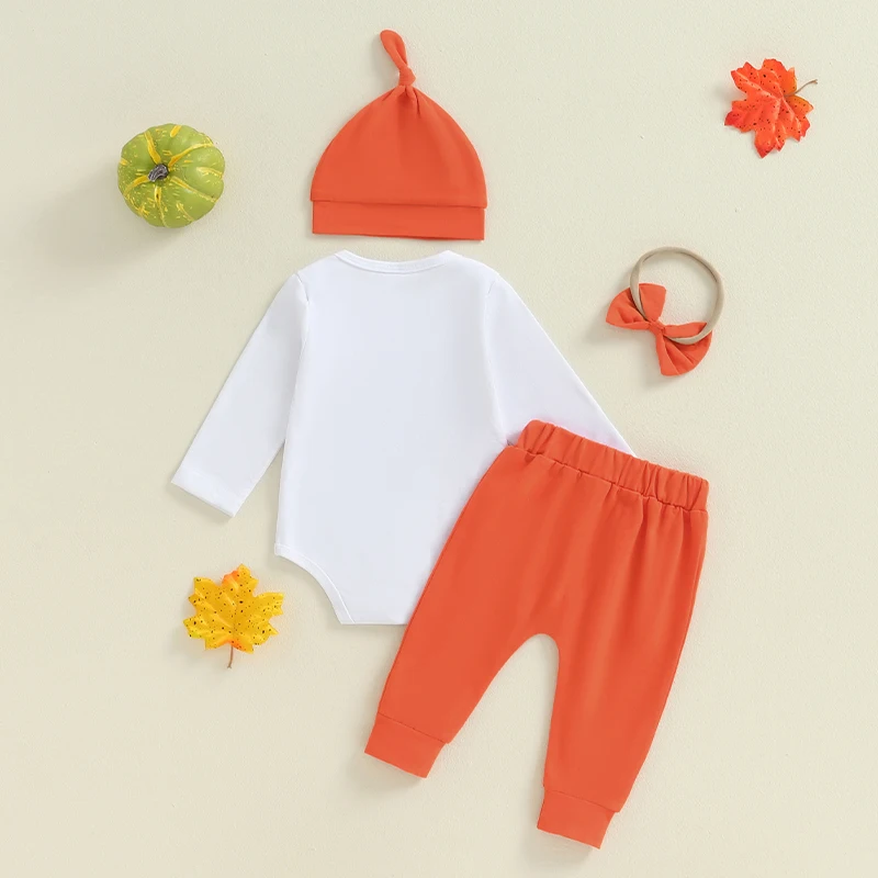 2024-05-24 Lioraitiin Baby Halloween Outfit Letter Print Long Sleeve Romper and Elastic Waist Pants Beanie Hat Headband 4Pcs Set