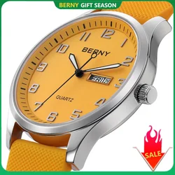 BERNY Watches for Men Quartz Casual Sports Male Watches Soft Silicone Strap Big Dial Calendar Week Easy Read Wristwatch