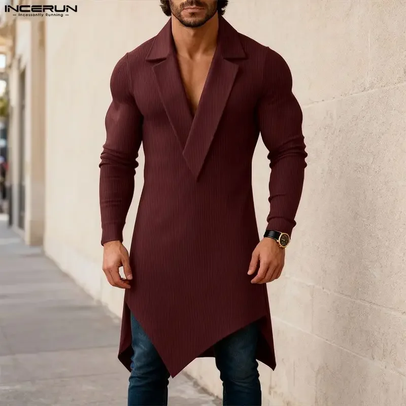 

INCERUN Men Shirt Solid Lapel Long Sleeve Casual Long Style Irregular Shirts Streetwear 2026 Fashion Casual Tops Men Clothing