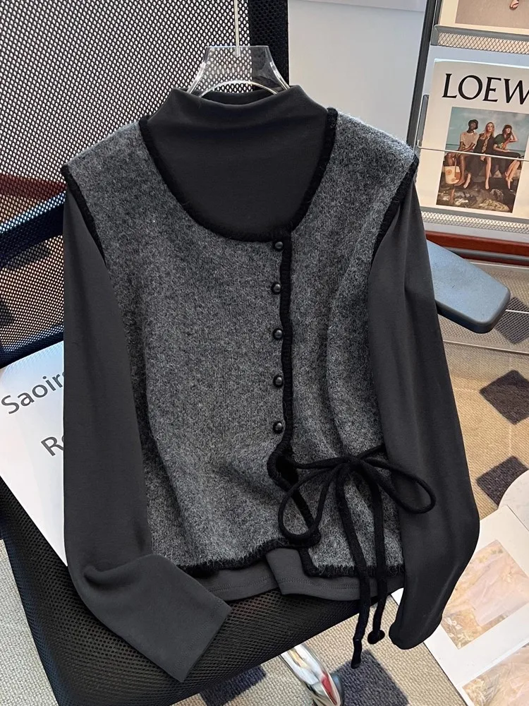 

round Ne Knitted Vest Top Women's Long Sve Base irt Two-Piece Set Autumn High-End Feeling Not Repeating Sle Faion