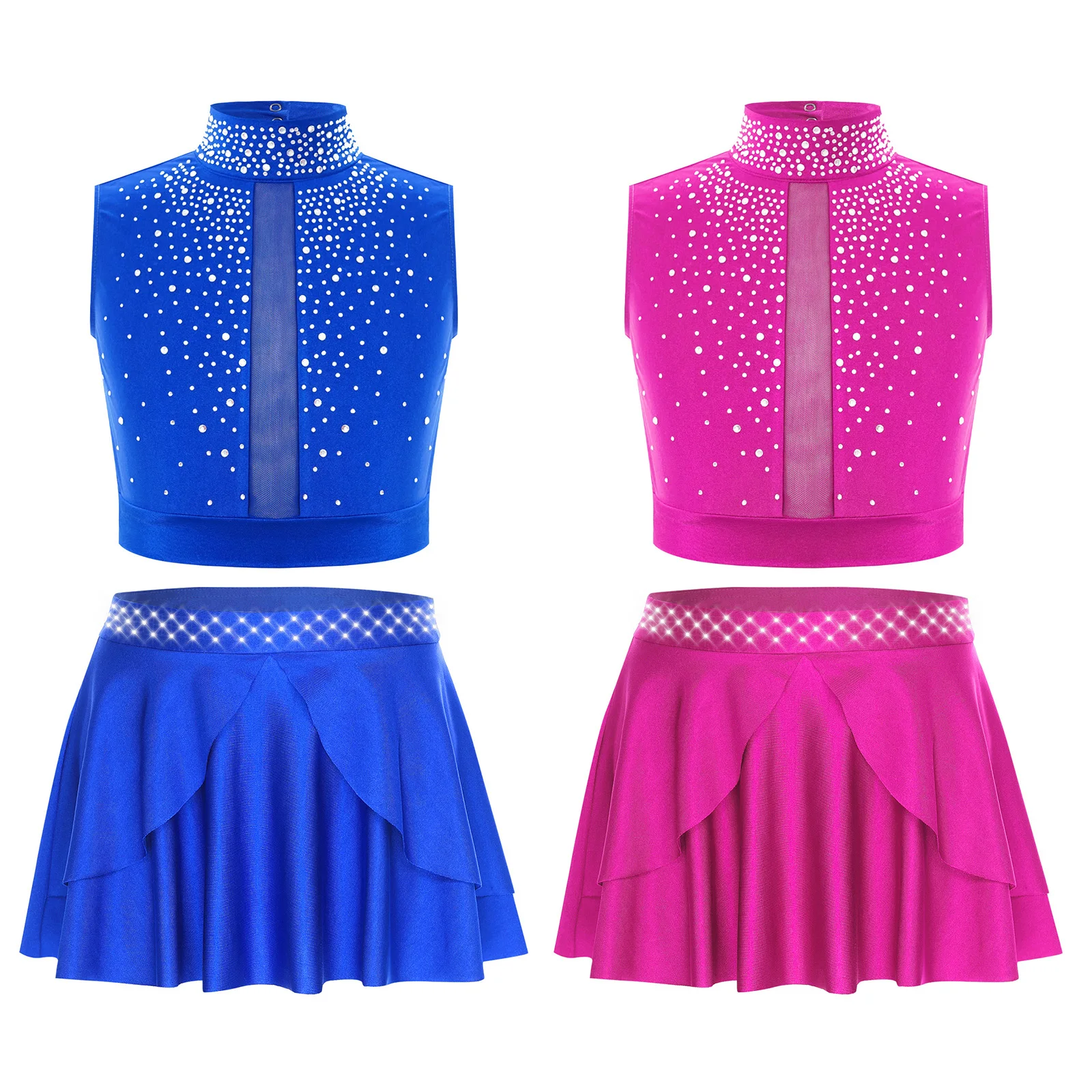 Kids Girls Lyrical Latin Dance Outfit Sleeveless Keyhole Back Rhinestones Crop Top with Skirt for Stage Latin Ballet Dance Show