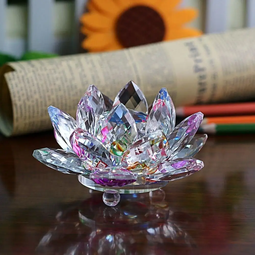 Hue Reflection Crystal Lotus Flower Anti-slip 3 Foots Glass Lotus Feng Shui Decor 3 Layers Lucky Charm Sun Catcher Ornaments