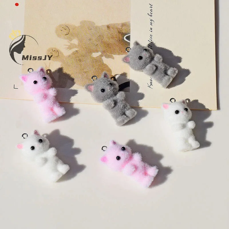 Flocking Animals Cartoon Cats Shape Resin Dolls Beads Pendant Diy Jewelry Earring Garment Keychain Pendant Accessories