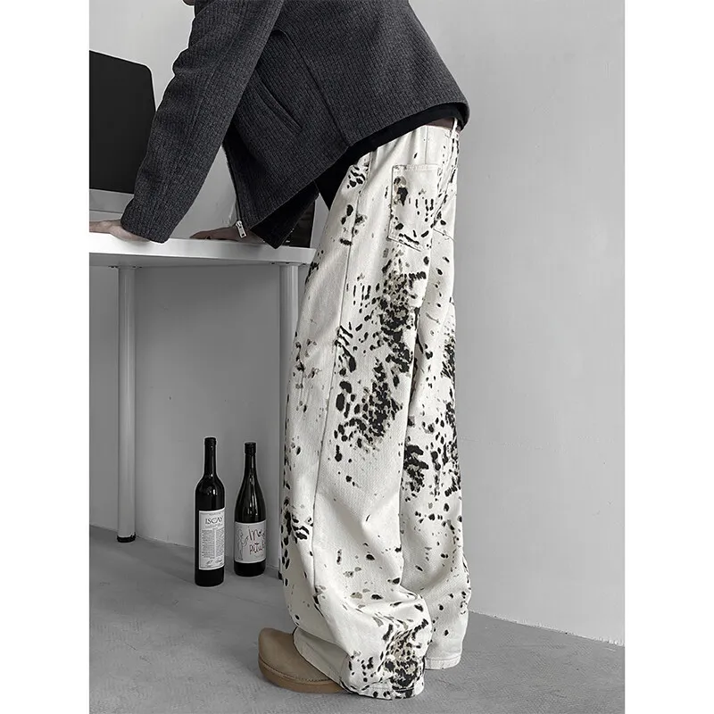 

Мужские белые джинсы с леопардовым принтом, слегка расклешенные повседневные широкие мужские джинсы, винтажные мешковатые брюки Y2k