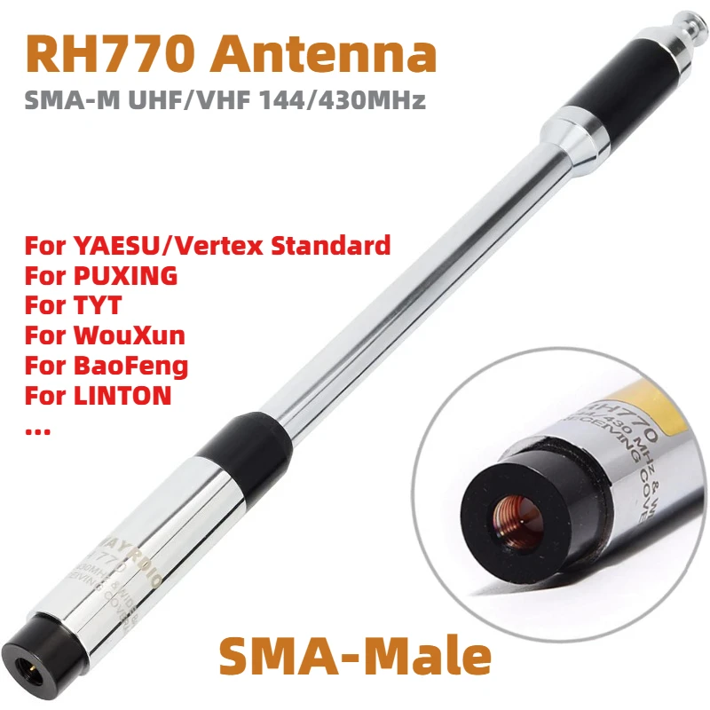 Antena Telescópica de Alto Ganho RH770 UHF/VHF 144/430MHz SMA-M para Rádio Amador YAESU/Vertex Standard Wouxun BaoFeng TYT Walkie-talkie