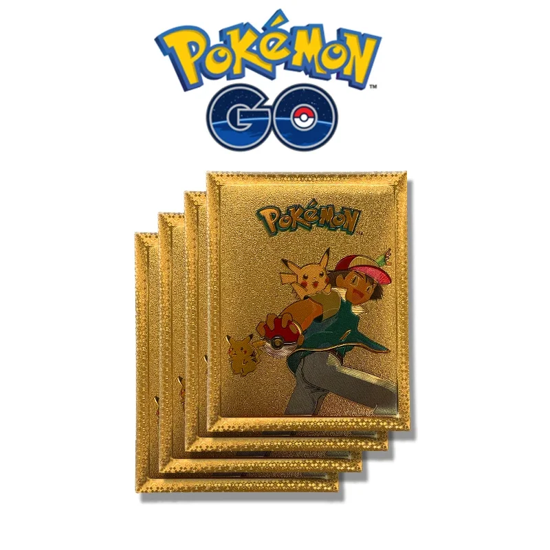 Pokemon Pikachu Children\'s Holiday Gift Golden Metal Card Silver PS HP English Spanish Peripheral Series Classic Toy Card