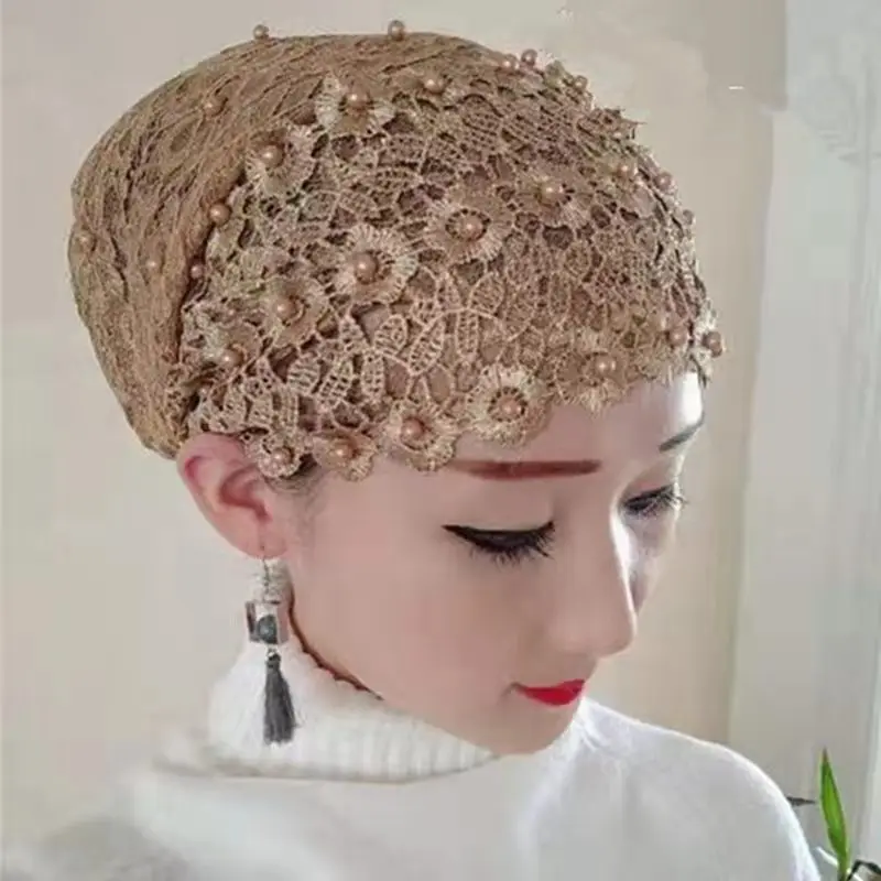 Summer Lace Beading Turban Hat for Women Fashion Wrap Head Beanies Female Hair Cover Cap Muslim Headscarf Bonnet