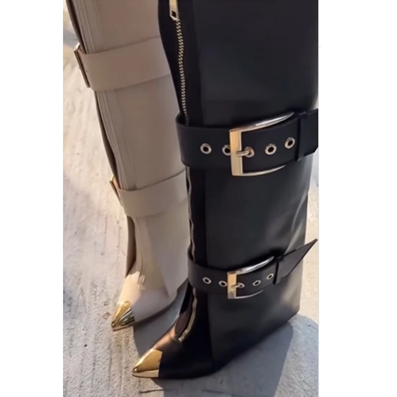 

Metal Toe Front Zipper Belt Buckles Knee High Boots Woman Winter 2026 Pointed Toe Stiletto Skirt Boots Women's Punk Style