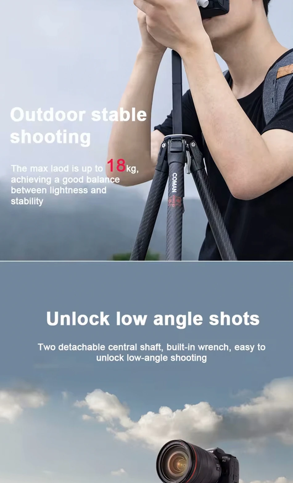 COMAN Zero Y Leichtes Reisestativ aus Vollcarbon Professionelles Outdoor-Stativ mit Arca Swiss Schnellwechsel-Kugelkopf – Detail 9