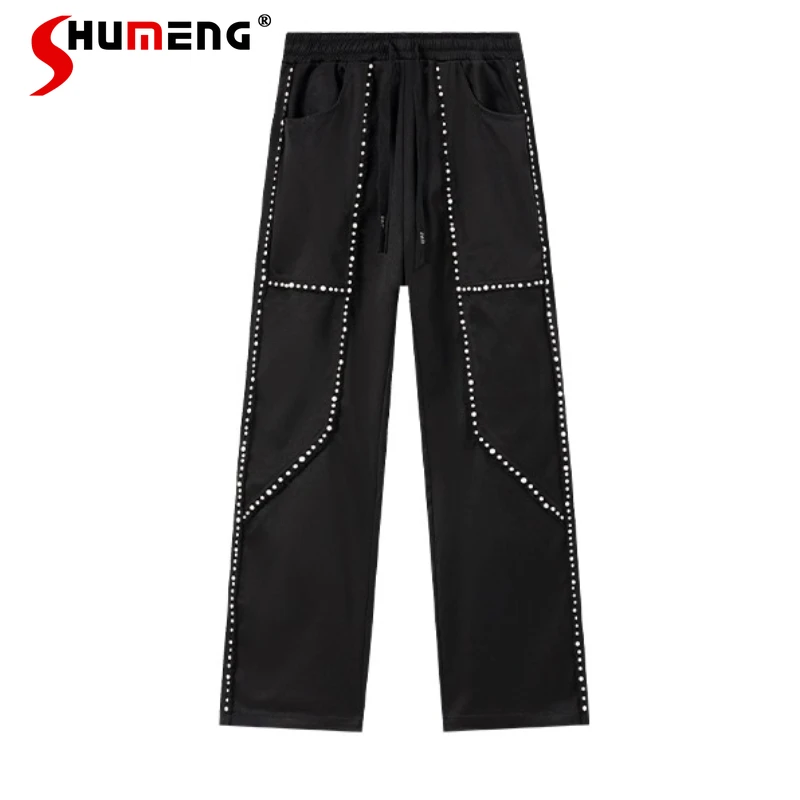 

Men Women 2025 Autumn New Handmade Pearl Design Wide-Leg Trousers Fashion American Style Retro Pants Loose Straight Long Pants
