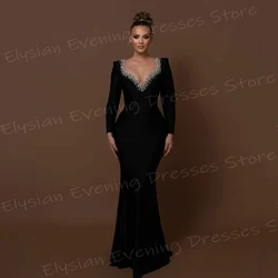 Classic Black Women's Mermaid Evening Dresses Charming V Neck Prom Gowns Elegant Long Sleeve Beaded Customized Vestido De Noche