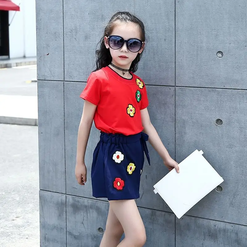 Summer Girls Set Embroidered Cotton Shorts T-shirt Girl Two Piece Suit Fashion Flower Skirt 2 To 4 5 6 7 8 9 10 11 12 Years Old