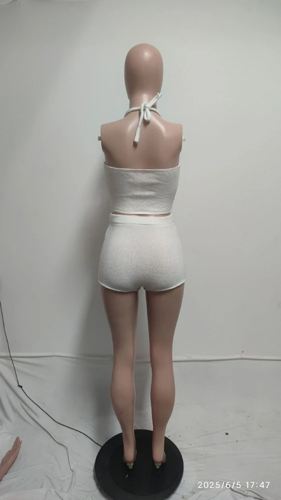 2025 Woman Set Luxury Rhinestone Patchwork 2 Piece Club Outfits Backless Knit Halter V Neck Tank Tops and Shorts Matching Sets - Image 6