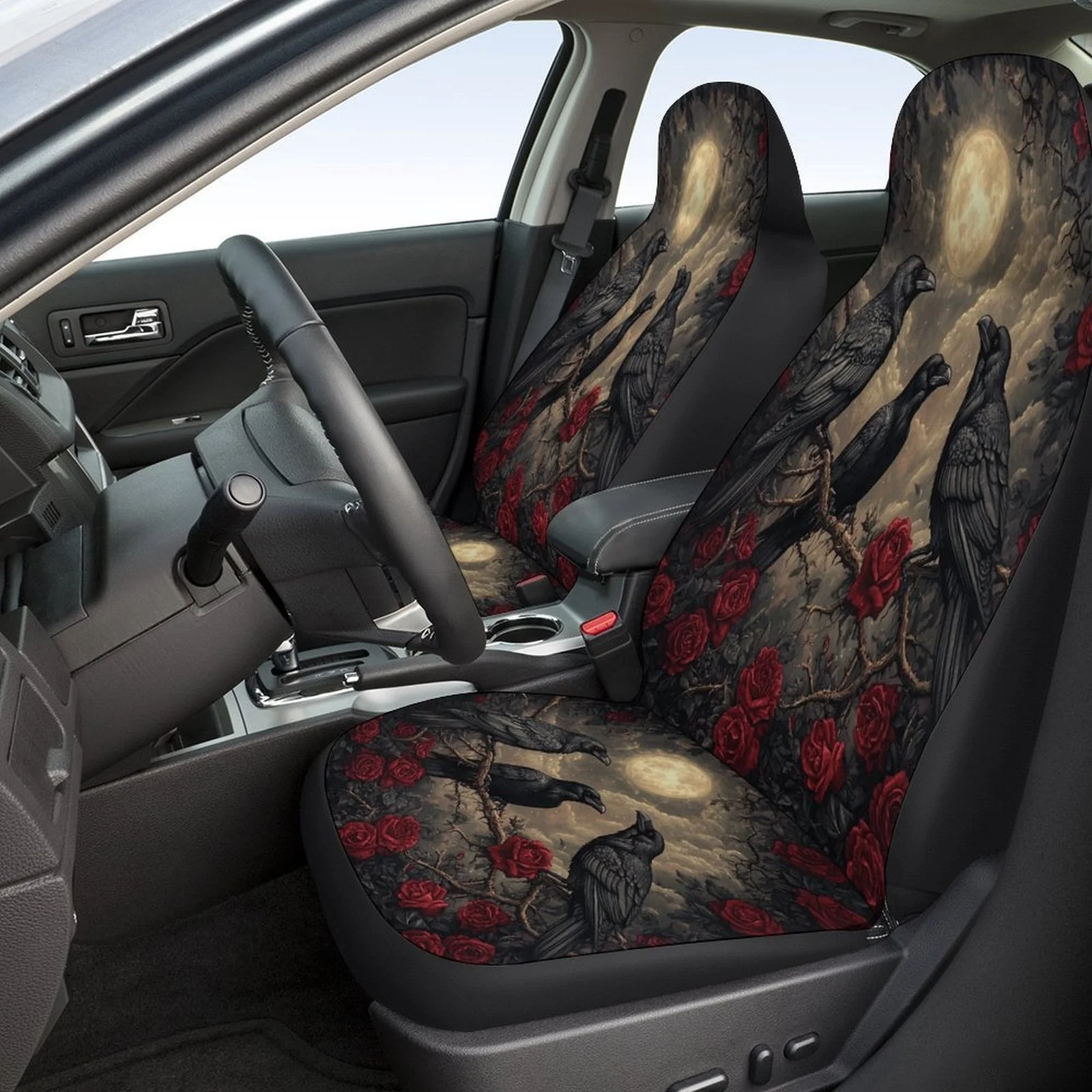 Ravens Moon Roses Designed Car Seat Cover Set For Most Cars, Fashion Comfortable Car Seat Protector Covers Full Set, Universal