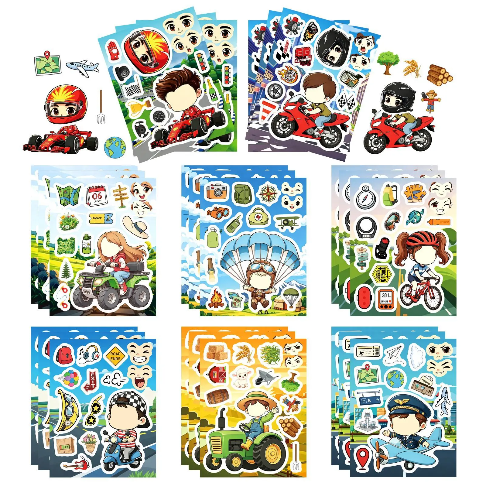 8/16 Sheets Cartoon Motorcycle Racing Character Puzzle DIY Stickers  Make a Face Assemble Jigsaw Game Party Gifts