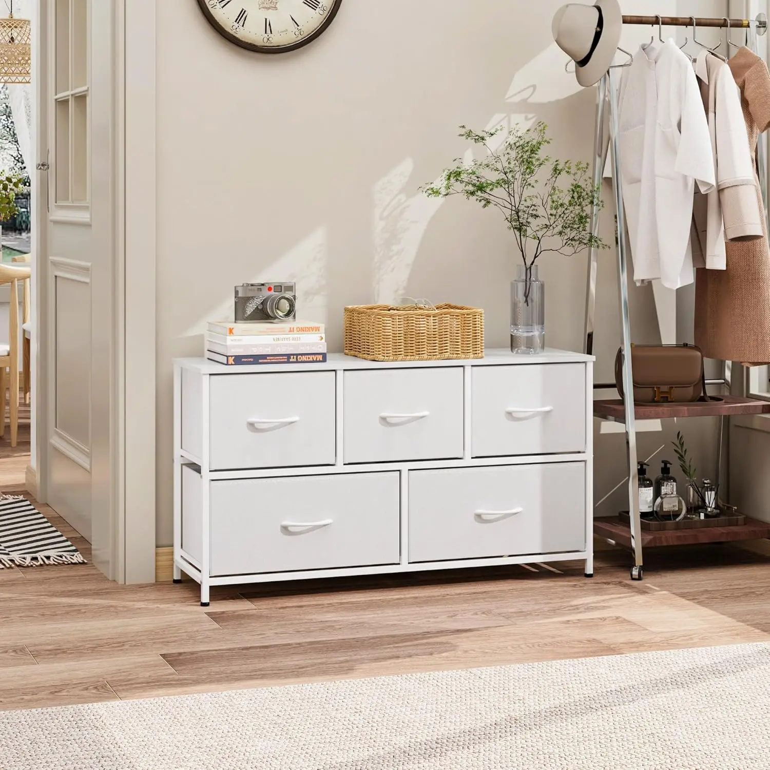 Commode large en tissu à 5 tiroirs pour chambre à coucher, armoire de rangement à profil bas, meuble TV, organisateur de vêtements