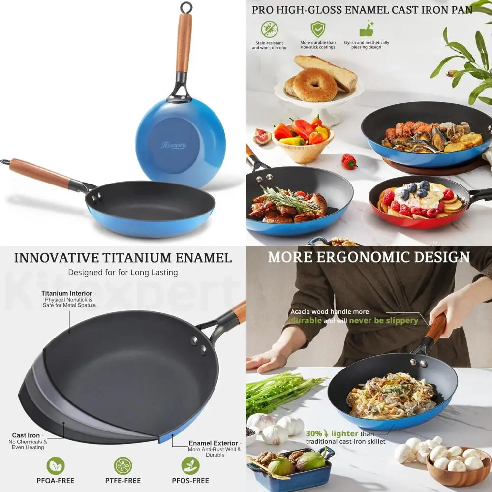 

Набор эмалированных чугунных сковородок с антипригарным покрытием и деревянными ручками — прочные сковороды 10 и 12 дюймов для приготовления пищи