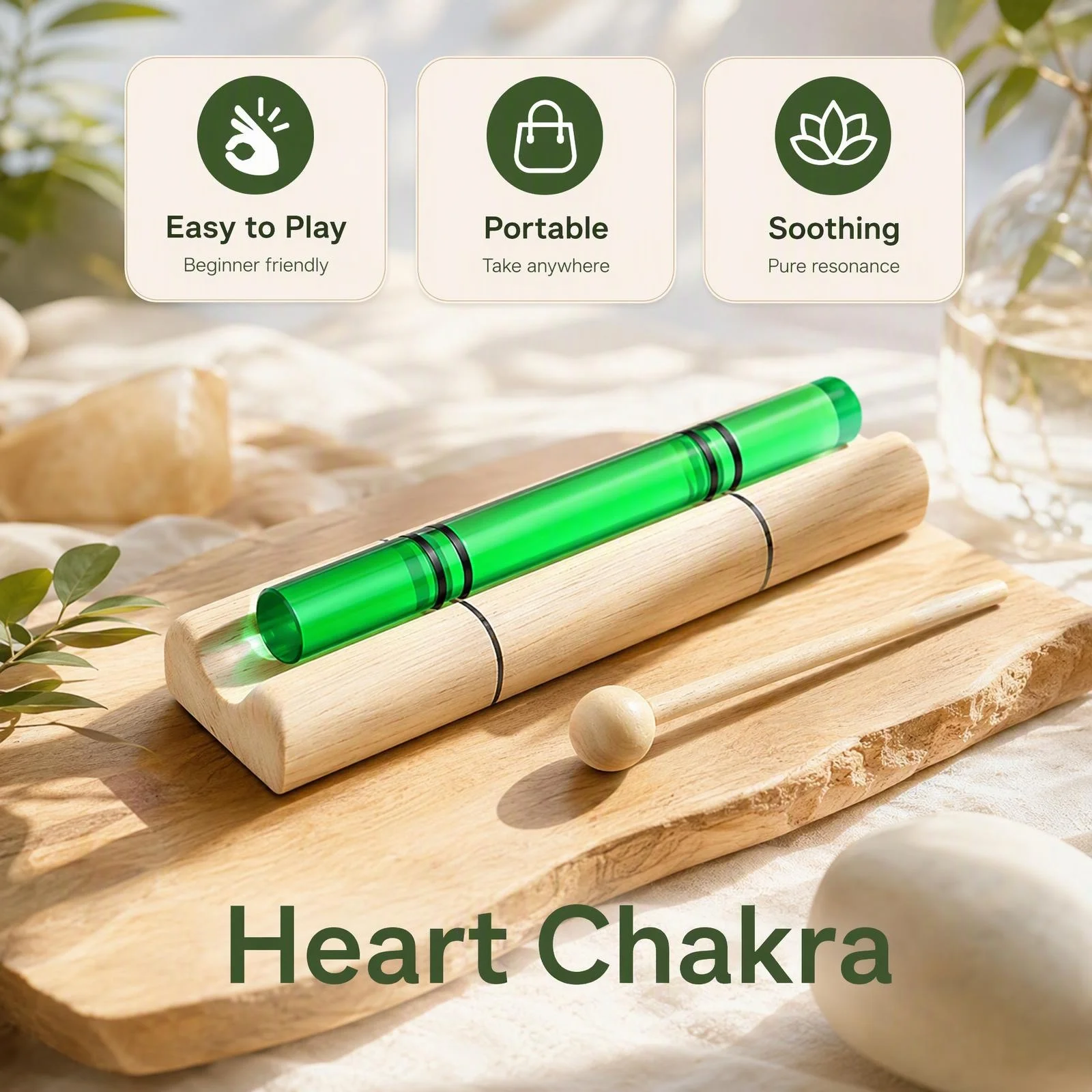 STAR LINKUP Heart Chakra Green Quartz Sonic Rod Portable Easy To Play Pure Resonance Sound Vibration Therapy Instrument
