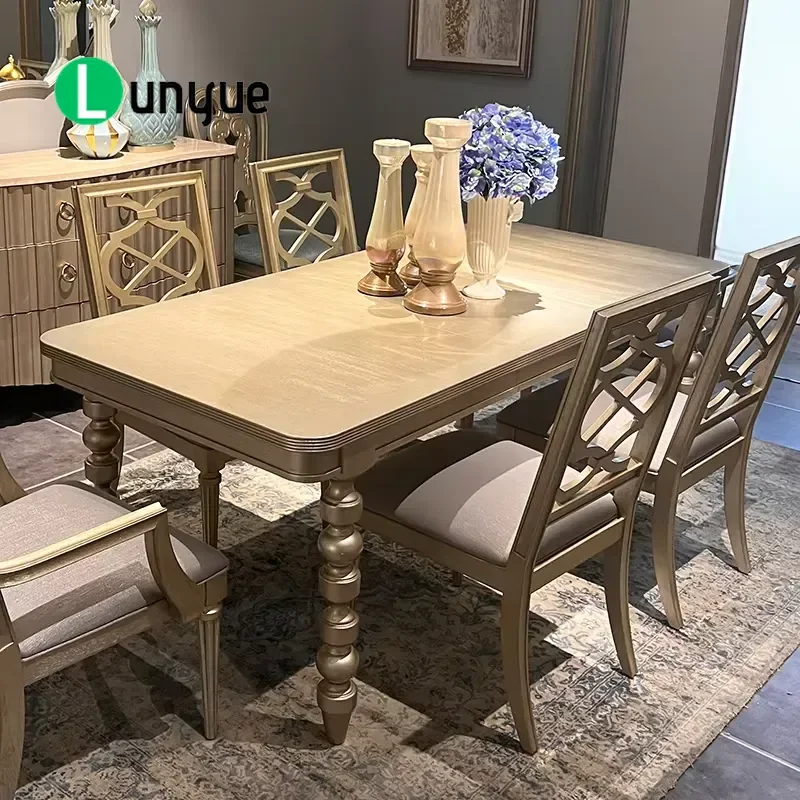 French Country Luxury Gold Retro Dining Table Set 6 Seats Recycled Solid Wood Antique Gold Imitation Old Marble Elegant Home