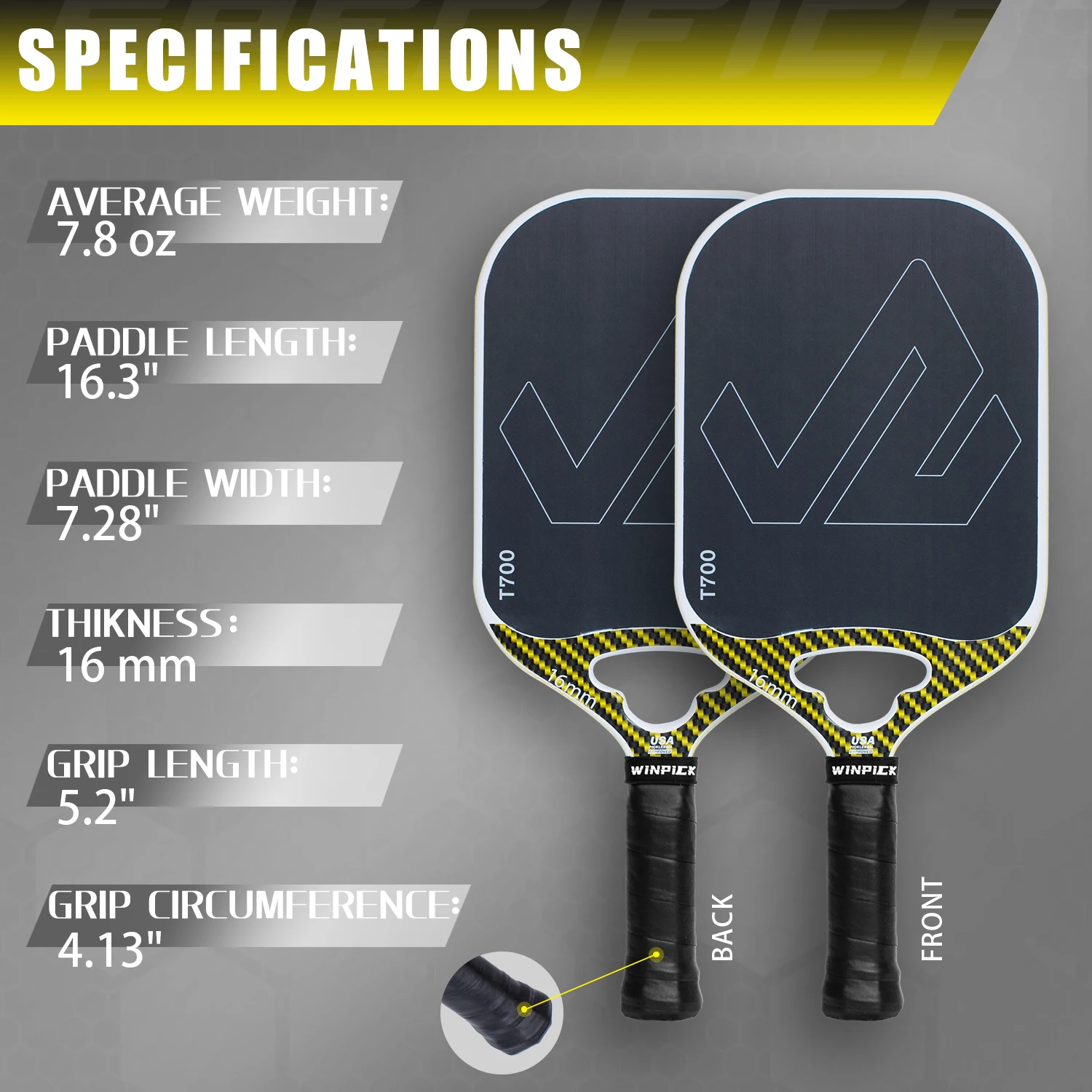 Winpick-Carbono Pickleball Paddle, Controle Termoformado Profissional e Poder, USAPA Aprovado, Edgeless, Raw, T700