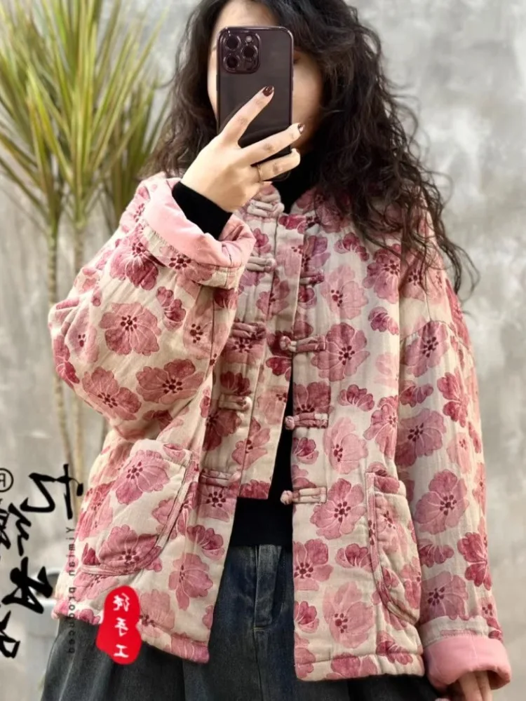 

Thiened Cotton Jaet with Button for Women Stand Collar Floral Print Winter Outerwear Casual Sle Long Sve Coat