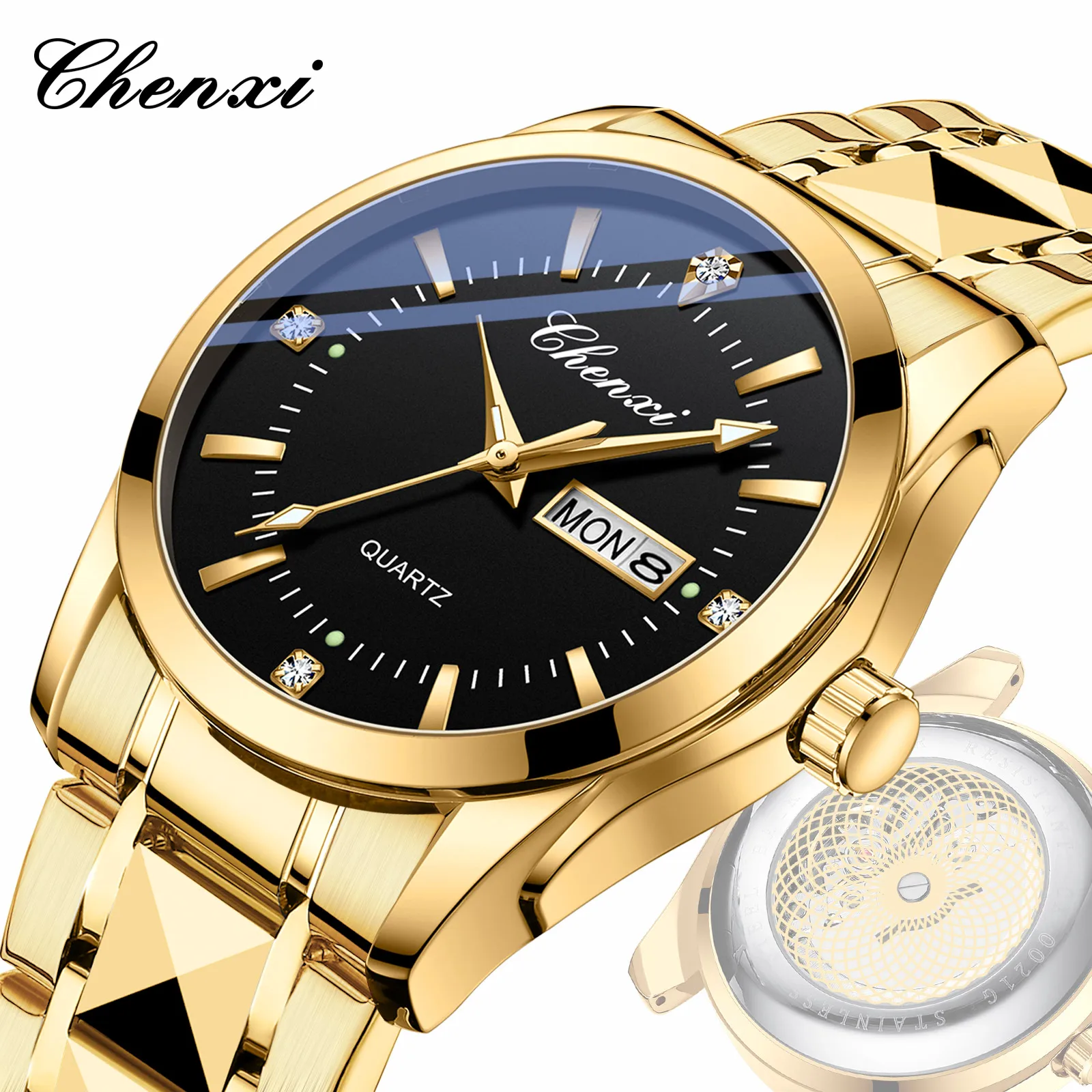 Men's Watches Luxury Gold Stainless Steel See Through Quartz Wristwatch Male Clock Fashion Waterproof Luminous Calendar Week