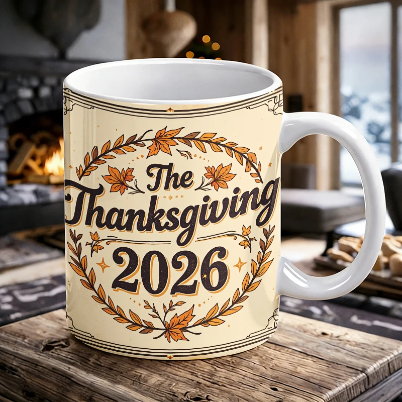 

11 oz Autumn Leaf Wreath Handle Ceramic Mug, Fully Printed Pattern Coffee Cup, Insulated Milk Mug, Water Cup for Office