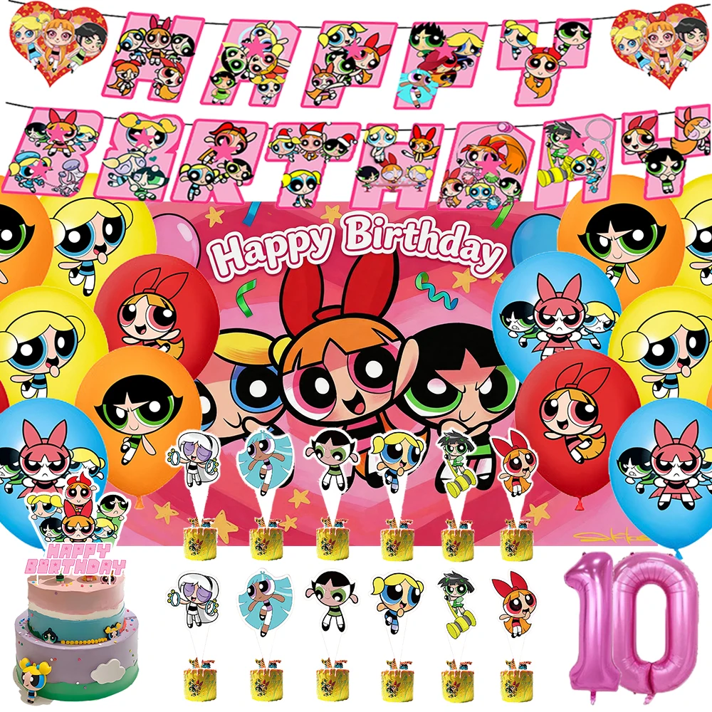 Powerpuff Girls Geburtstagsparty Dekorations-Set mit Hintergrund-Ballon-Set, Tortendekoration, Kulisse, Babyparty-Geschenk für Mädchen, Spielzeug und Zubehör