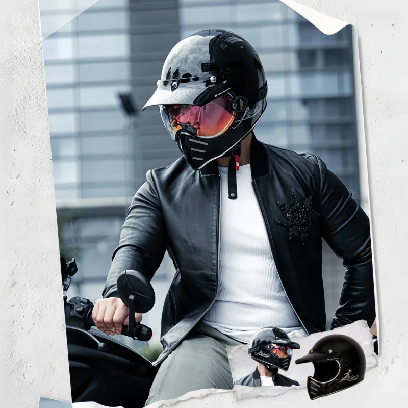 Retro para Hombre, Casco de Motocicleta para Paseo, Casco Pequeño Japonés con Boca Puntiaguda, Casco para Motocross