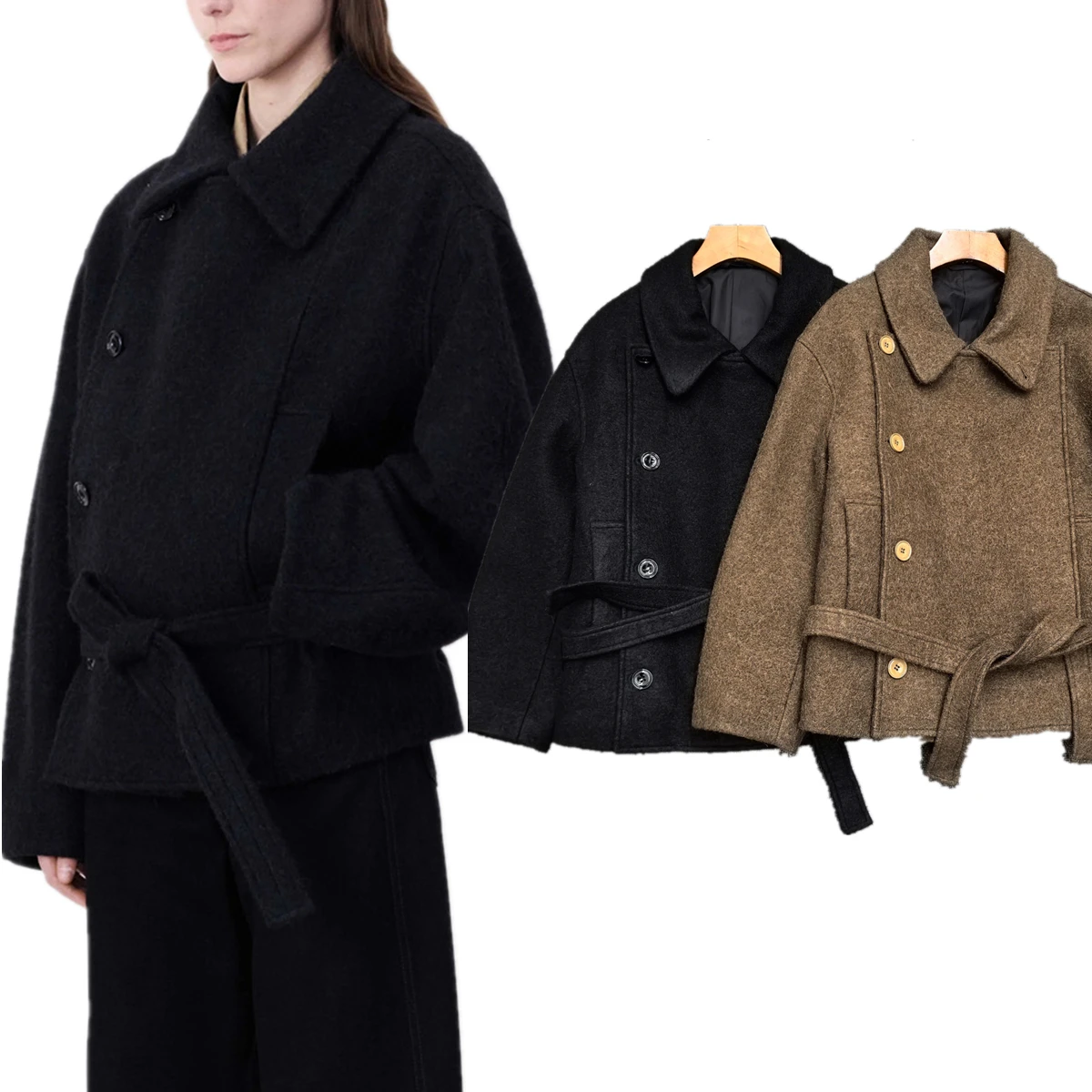 Maxdutti British Fashion Retro Double Breasted Asymmetrical Woolen Coat Minimalist Solid Color Winter Woolen Coat Women