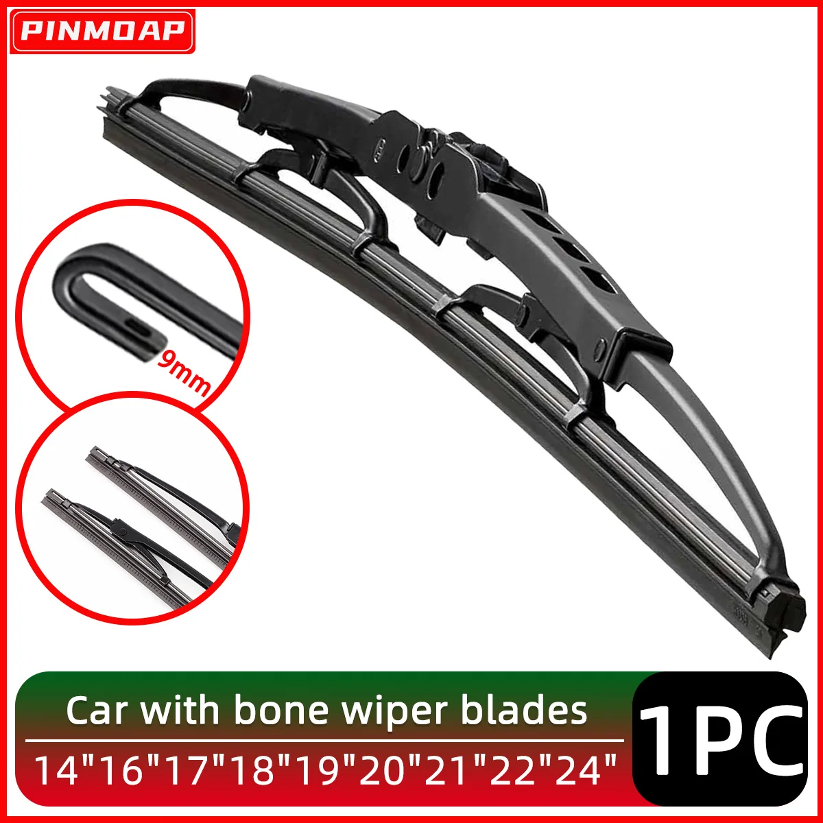 PINMOAP Auto-Rahmen-Wischerblatt, professioneller Frontscheibenwischer, universeller U/J-Haken, 9 mm, 14 Zoll, 16 Zoll, 18 Zoll, 19 Zoll, 20 Zoll, 21 Zoll, 22 Zoll, 24 Zoll, leiser Wischer