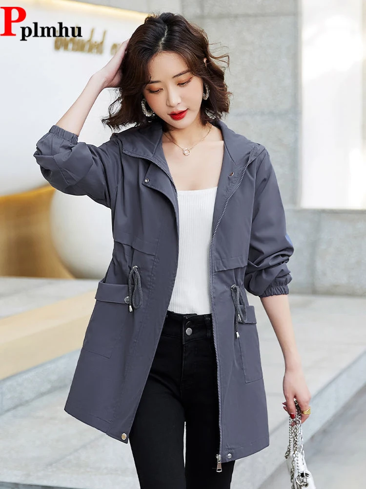 Hooded Mid-length Trench Coats Fashion Drawstring Windproof Jackets Oversized Women\'s Fashion Gabardina Spring Fall Slim Abrigos