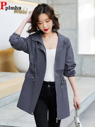 Hooded Mid-length Trench Coats Fashion Drawstring Windproof Jackets Oversized Women's Fashion Gabardina Spring Fall Slim Abrigos