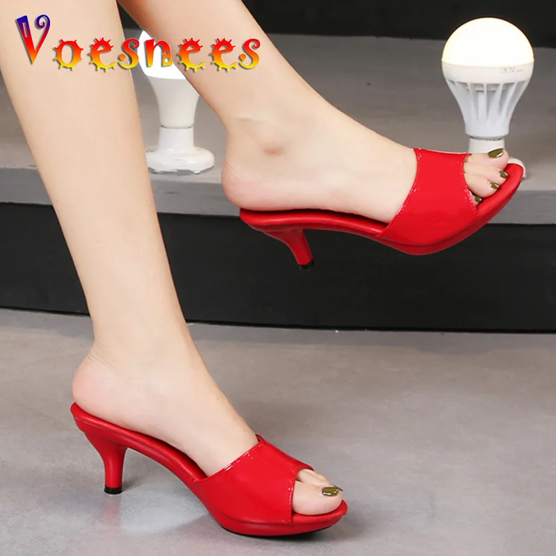 2023 Ladies Low Heels Summer Women Patent Leather Slippers 6cm Heels Pointed Toe Sandals Women Shoes Slip On Slides Plus Size 43