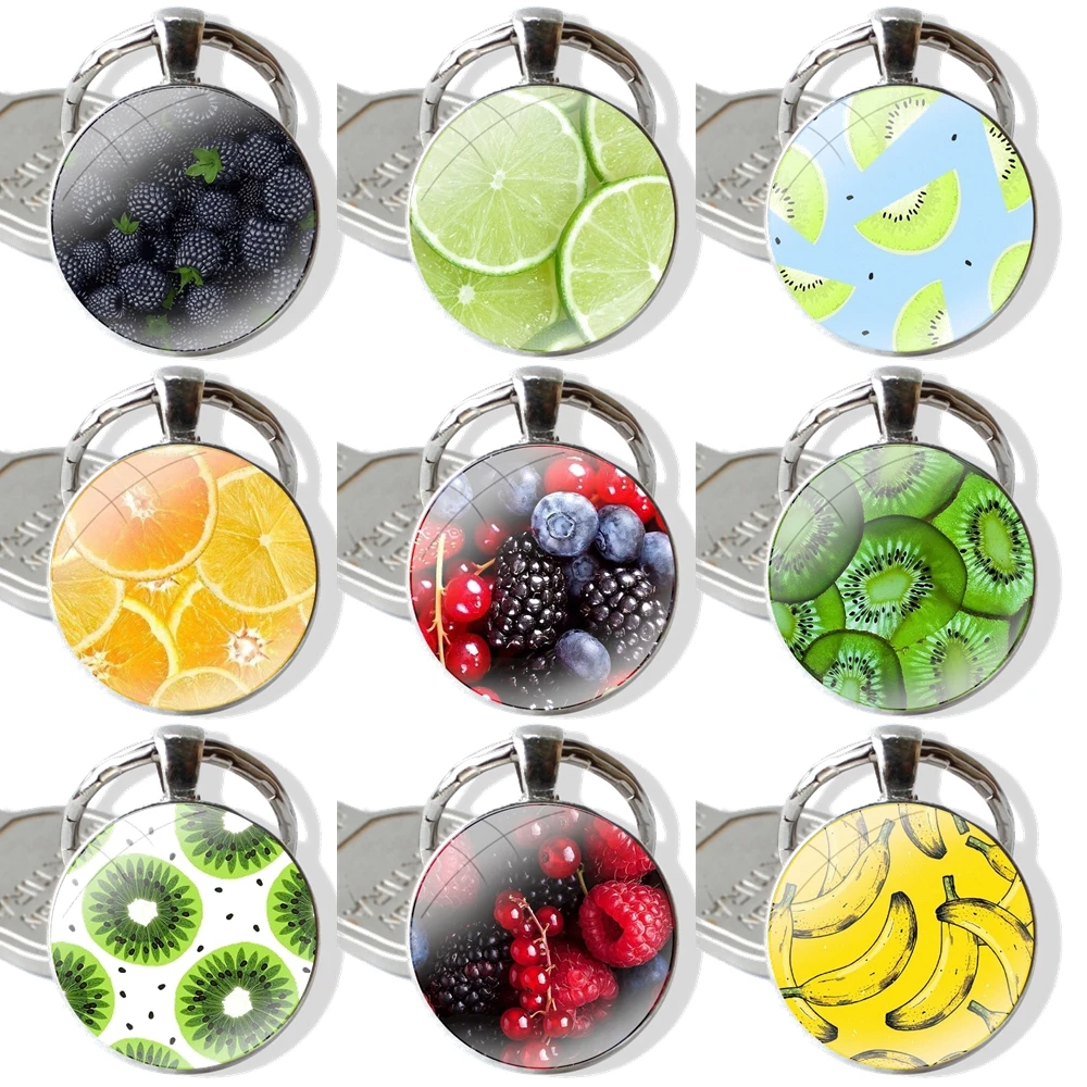 Summer Fruit Pineapple Watermelon Lemon Glass Metal Pendant Key Chain Classic Men Women Key Ring Accessories Jewelry Gifts