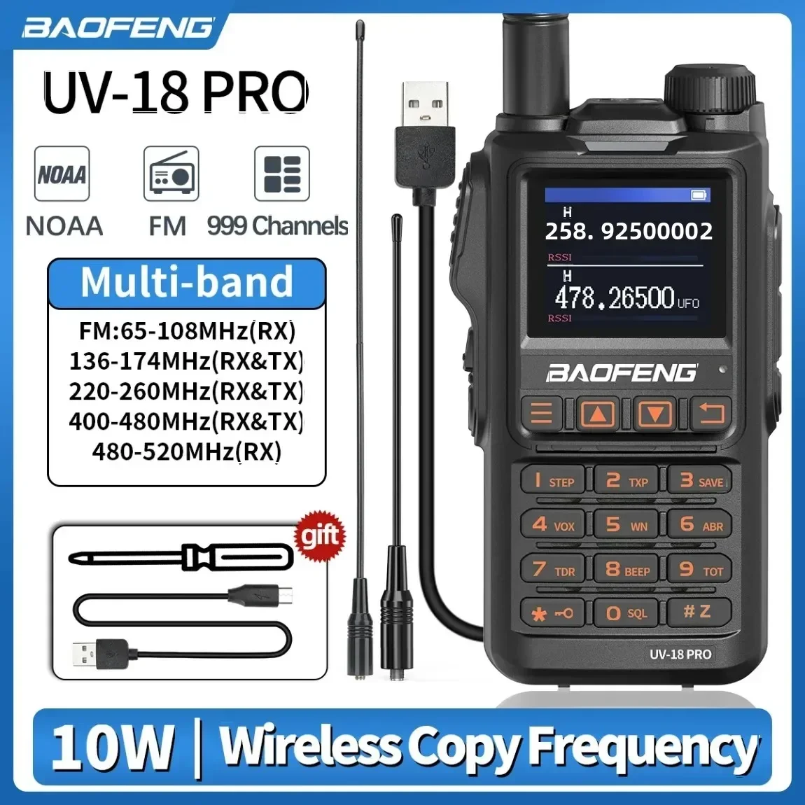 

Baofeng UV-18 Pro Walkie Talkie 10 Вт Беспроводная частота копирования 999CH NOAA Двухсторонняя радиосвязь Type-C VHF UHF UV-5R UV18 Ham